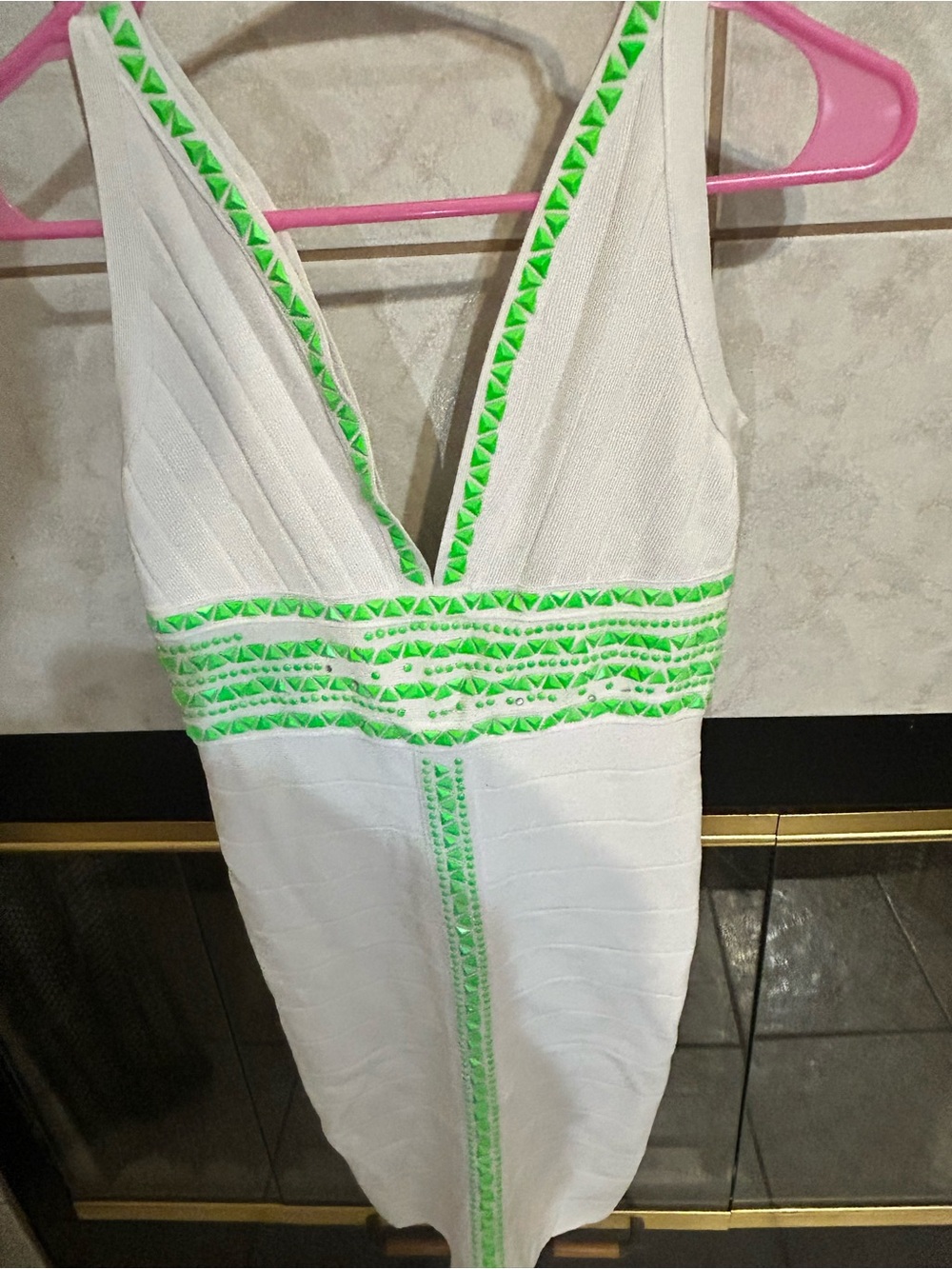 Bebe White Bandage Dress Neon Green Studded Trim Bodycon Dress S